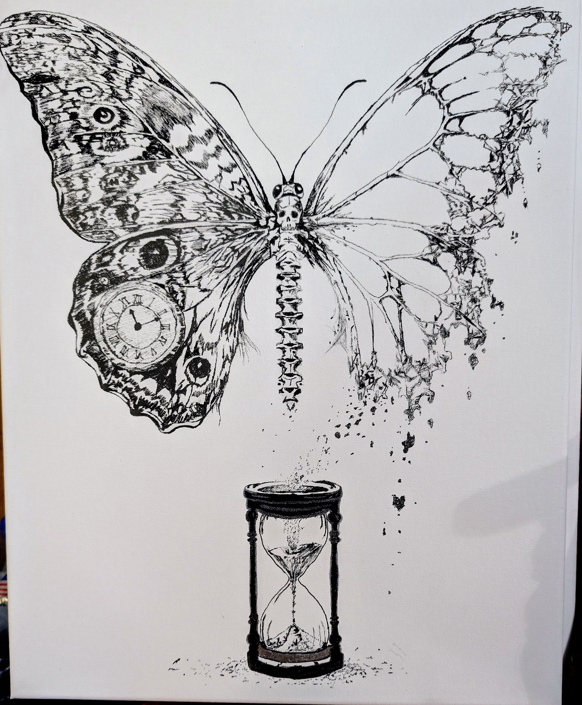 Time Flies — a butterfly dissolving into sand that falls into an hourglass