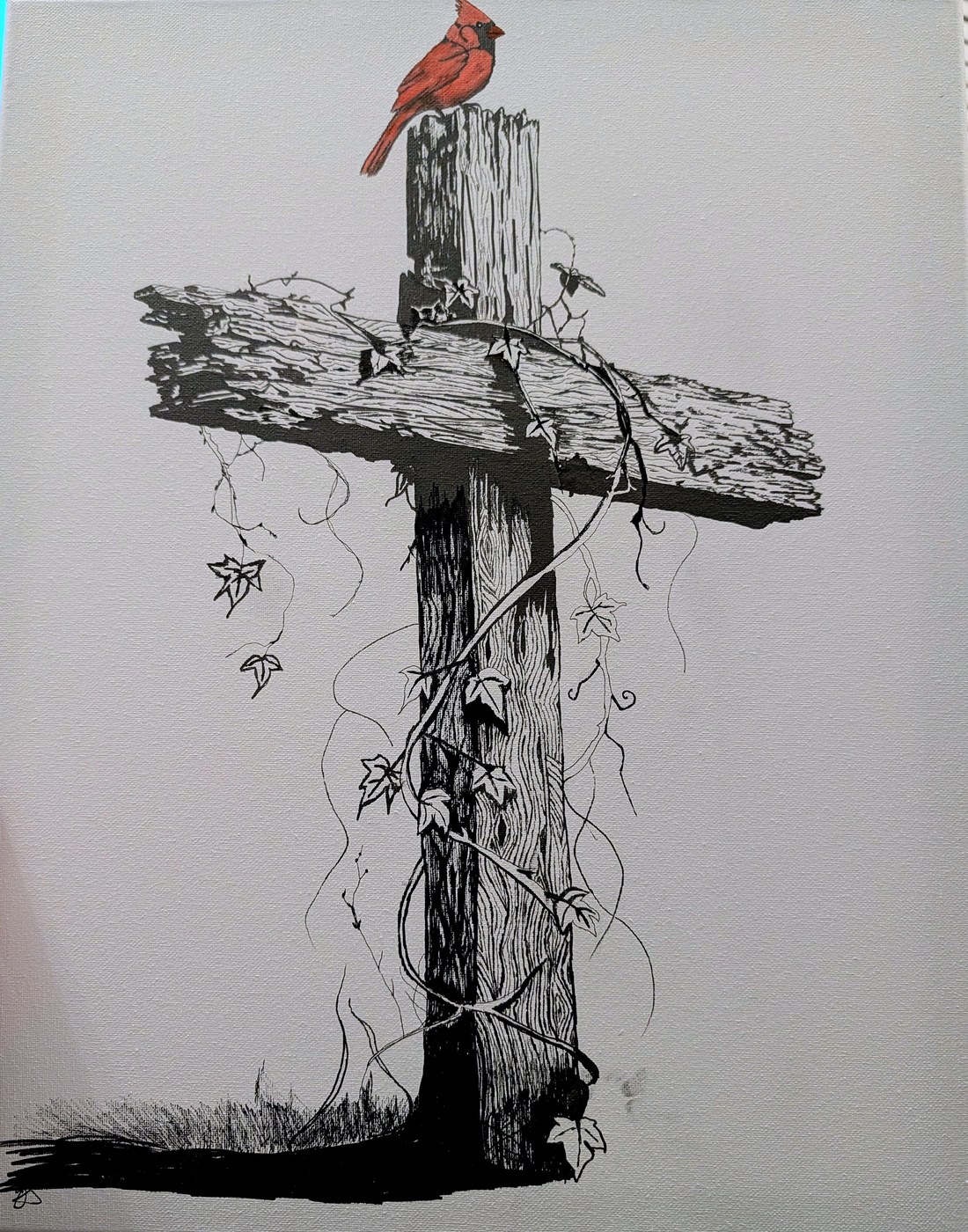Visitation — a weathered cross wrapped in ivy with a red cardinal perched on top