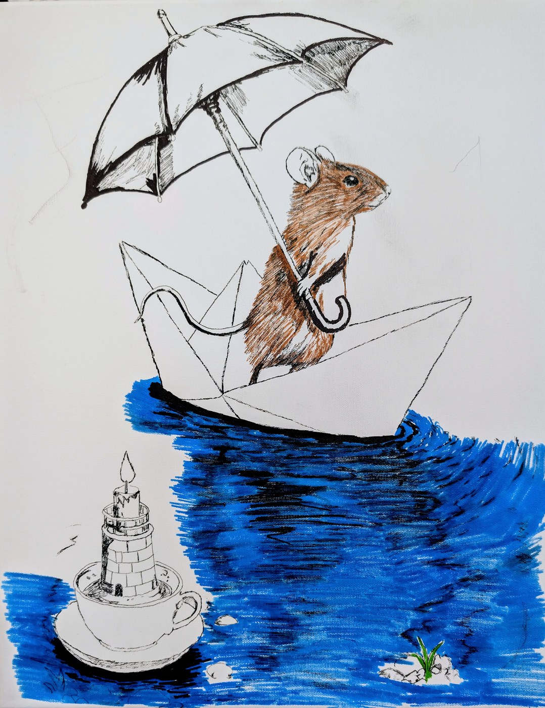 Safe Passage — a mouse with an umbrella sailing a paper boat past a teacup lighthouse